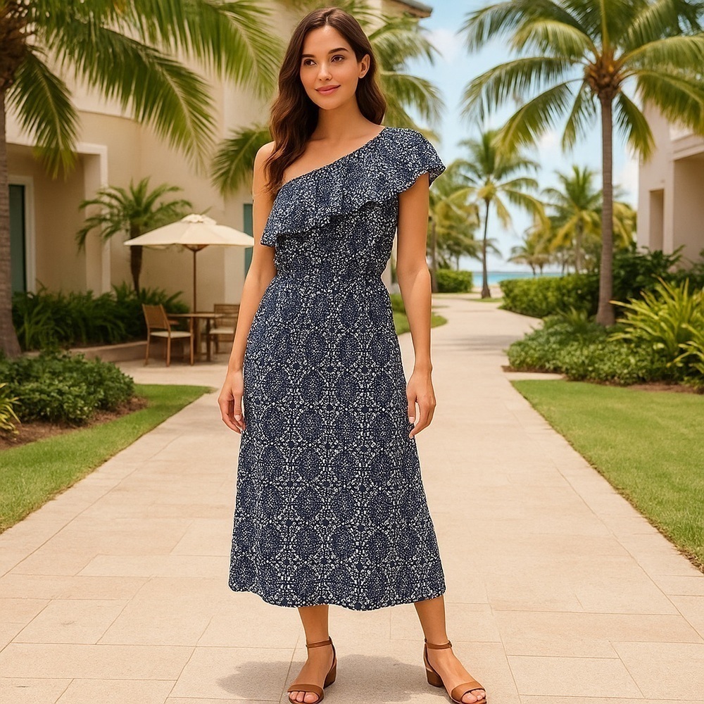 Allison Joy One Shoulder Ruffle Navy White Print Sundress Size M